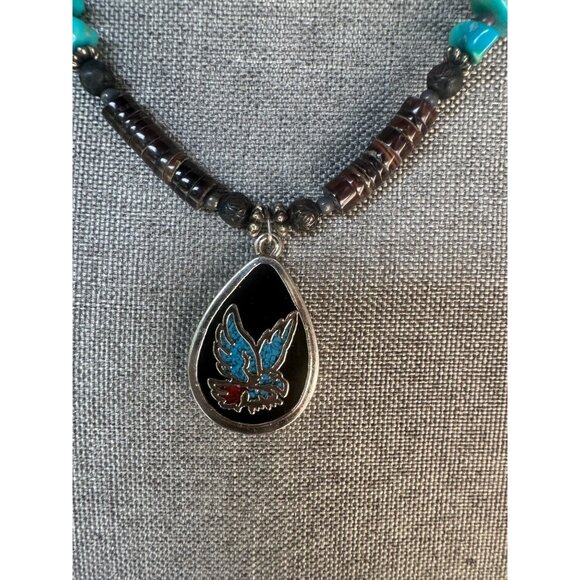 Vintage Handmade Beaded Necklace With Teardrop Eagle Pendant - Picture 2 of 6